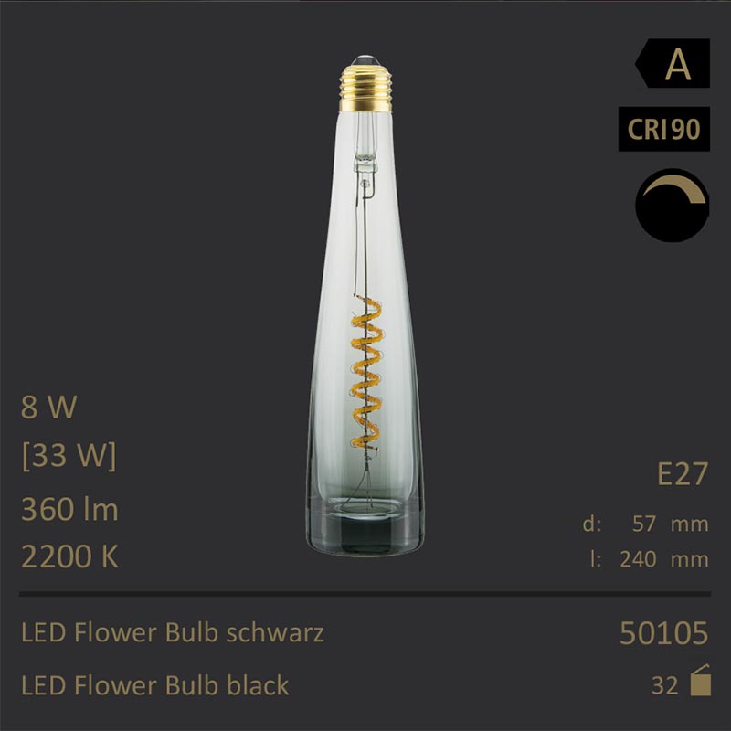  8W=33W Segula LED Flower Bulb schwarz Curved E27 360Lm CRI90 2200K dimmbar 