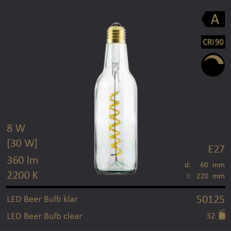  8W=30W Segula LED Beer Bulb klar Curved E27 360Lm CRI90 2200K dimmbar 
