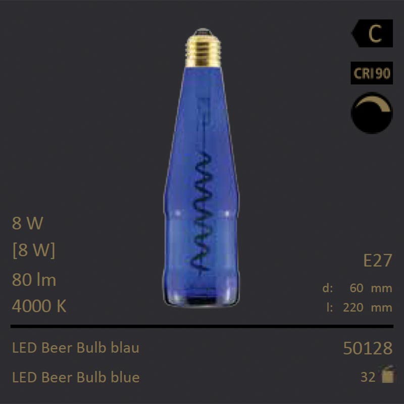  8W=8W Segula LED Beer Bulb blau Curved E27 80Lm CRI90 4000K dimmbar 