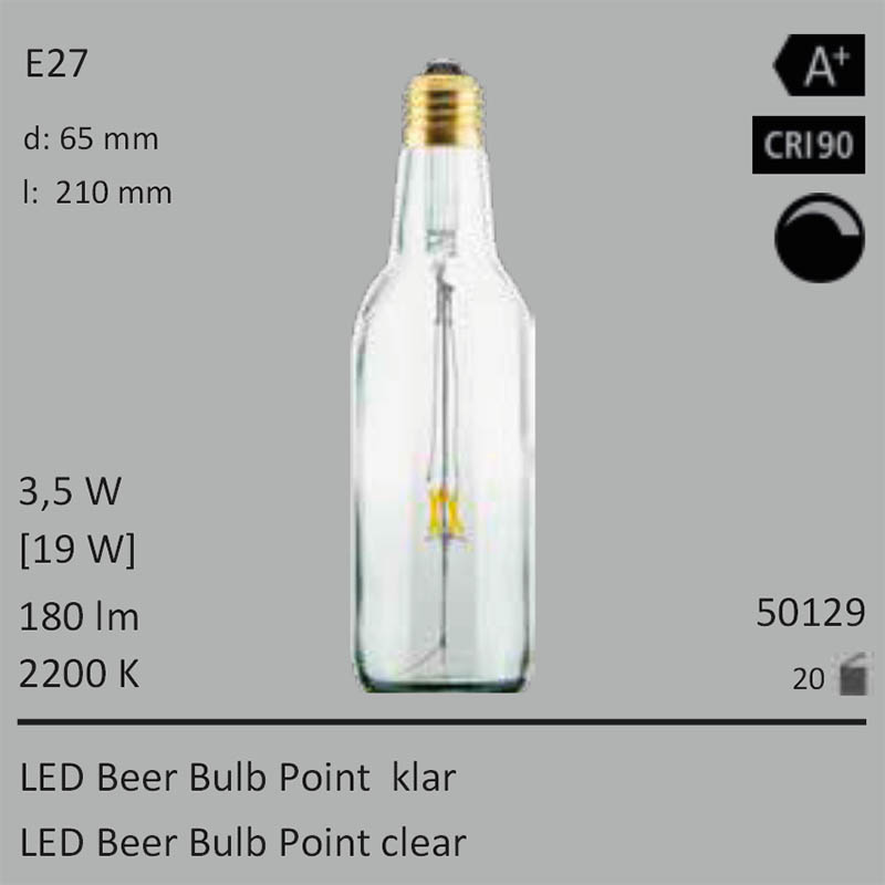  3,5W=19W Segula LED Beer Bulb Point klar E27 180Lm CRI90 2200K dimmbar 