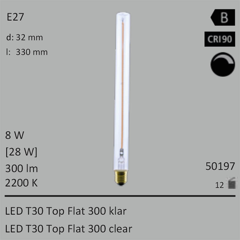  8W=28W Segula LED T30 Top Flat 300 klar E27 300Lm CRI90 2200K dimmbar 