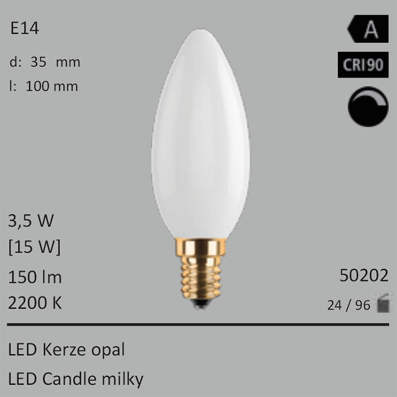  3,5W=15W LED Kerze opal E14 150Lm 360 Ra>90 2200K dimmbar 