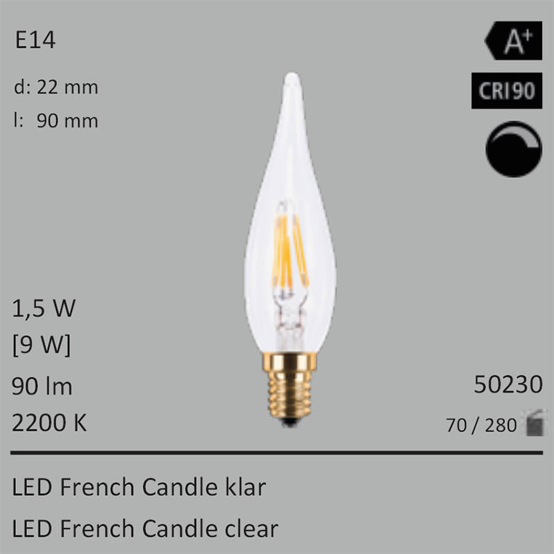  1,5W=9W LED French Candle klar E14 90Lm 360 Ra>90 2200K dimmbar 