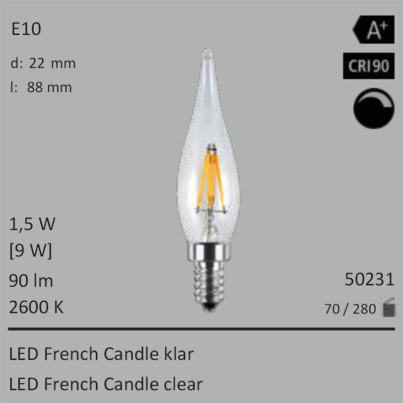  1,5W=9W LED French Candle klar E10 90Lm 360 Ra>90 2600K dimmbar 