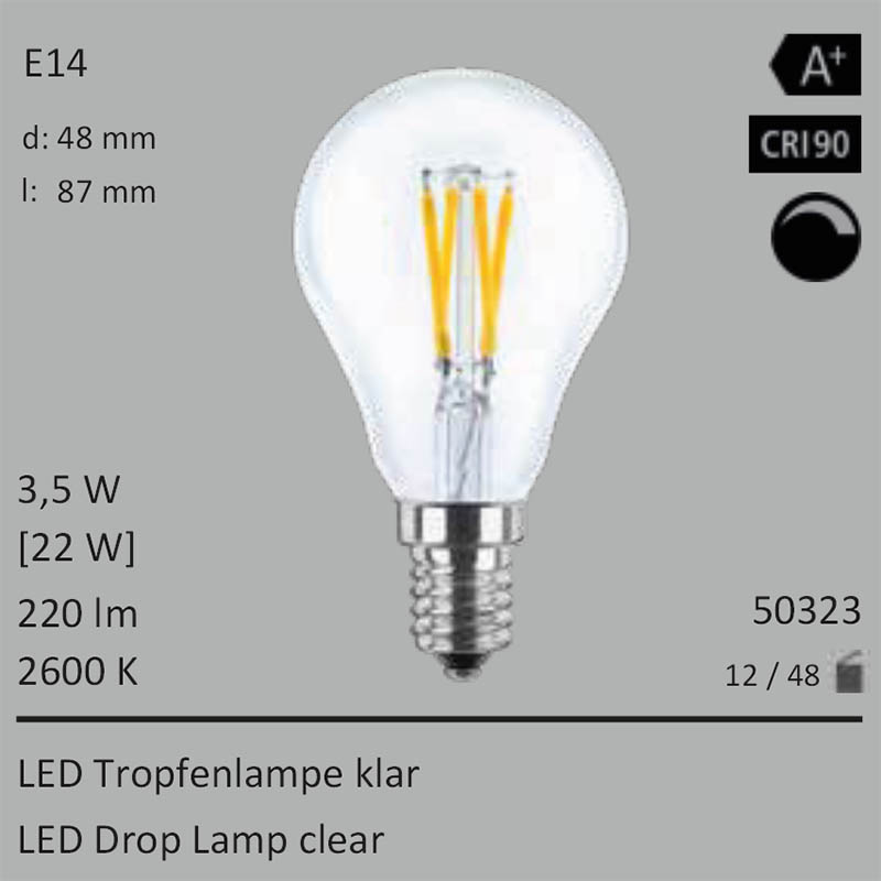  3,5W=22W LED Tropfenlampe klar E14 220Lm 360 Ra>90 2600K dimmbar 