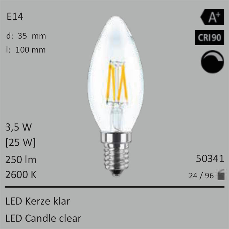  3,5W=25W LED Kerze klar E14 250Lm 360 Ra>90 2600K dimmbar 