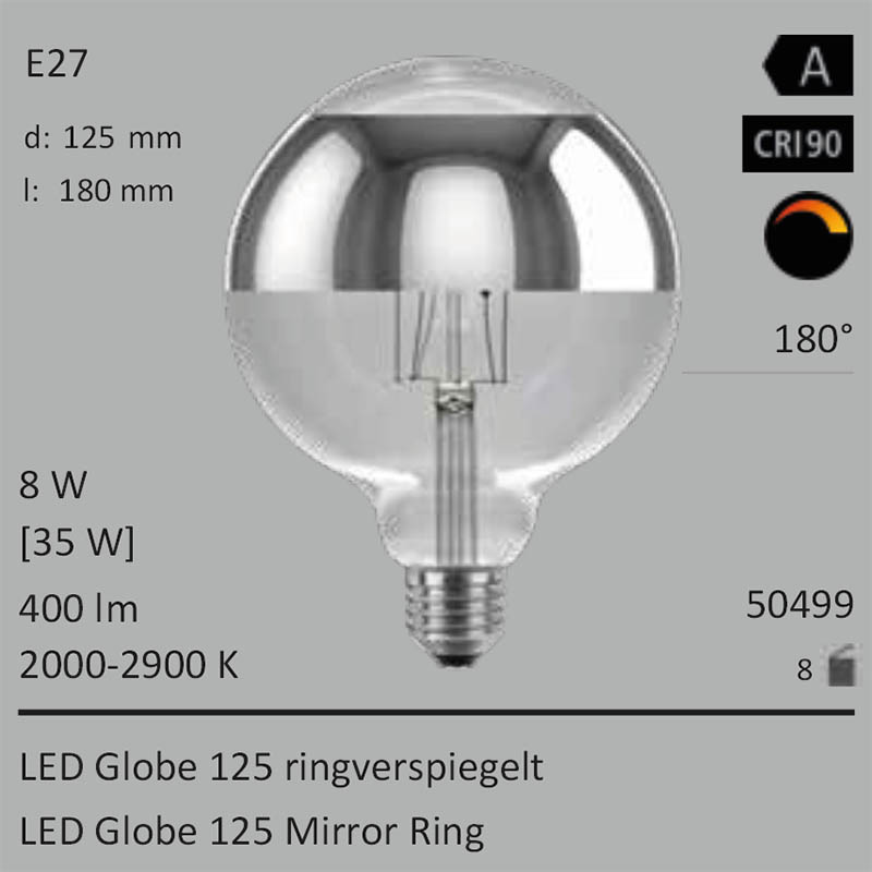  8W=35W LED Globe 125 Ringverspiegelt silber E27 400Lm 360 Ra>90 2000-2900K ambient dimmbar 