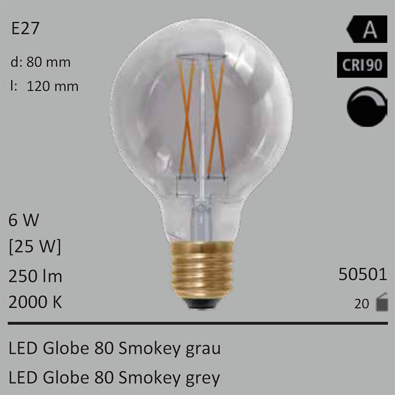  6W=25W LED Globe 80 Smokey grau E27 250Lm 360 Ra>90 2000K dimmbar 