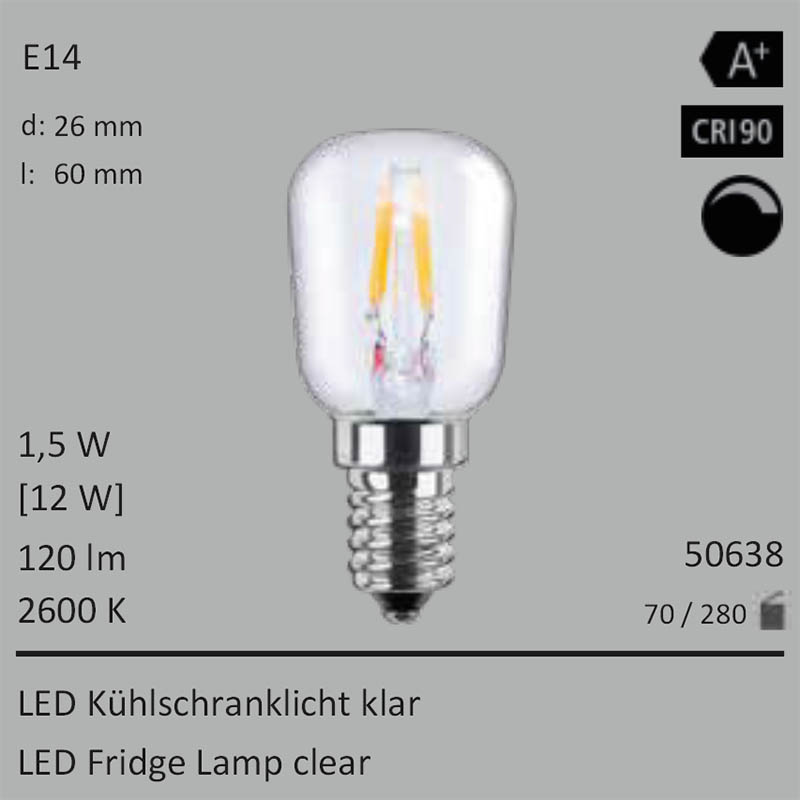  1,5W=12W LED Khlschranklicht klar E14 120Lm 360 Ra>90 2600K dimmbar 