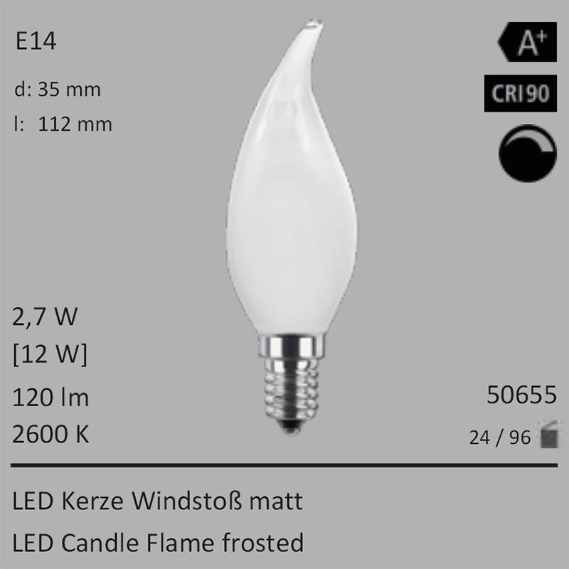  2,7W=12W LED Kerze Windstoss matt E14 120Lm 360 Ra>90 2600K dimmbar 