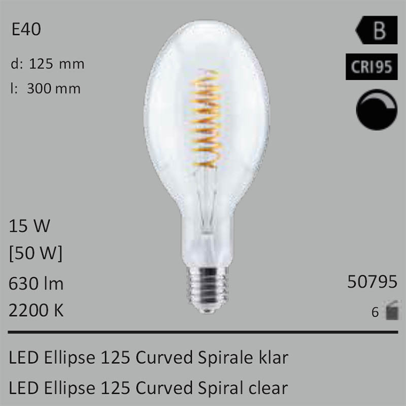  15W=50W Segula LED Ellipse 125 Curved Spirale klar E40 630Lm CRI95 2200K dimmbar 