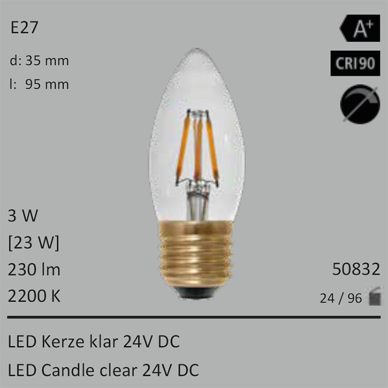  3W=23W Segula LED Kerze klar 24VDC E27 230Lm 360 Ra>90 2200K 