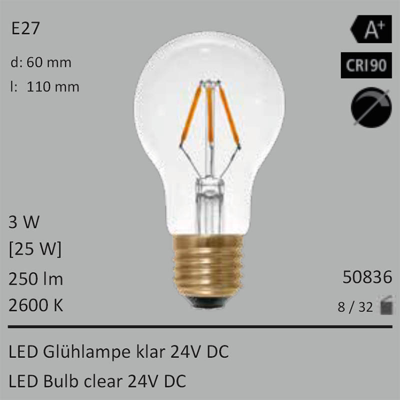  3W=25W Segula LED Glhlampe klar 24VDC E27 250Lm 360 Ra>90 2600K 