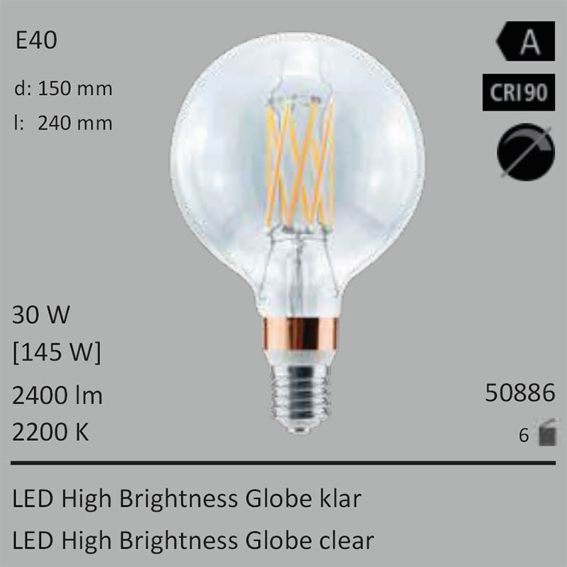  30W=145W Segula LED High Brightness Globe 150 klar E40 2400Lm 360 Ra>90 2200K 