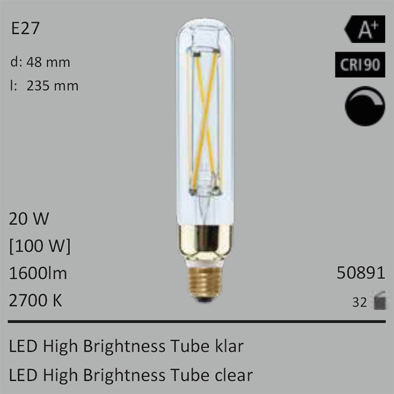  20W=100W Segula LED High Brightness Tube klar E27 1600Lm CRI90 2700K dimmbar 