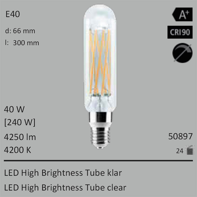  40W=240W Segula LED High Brightness Tube klar E40 4250Lm CRI90 4200K 