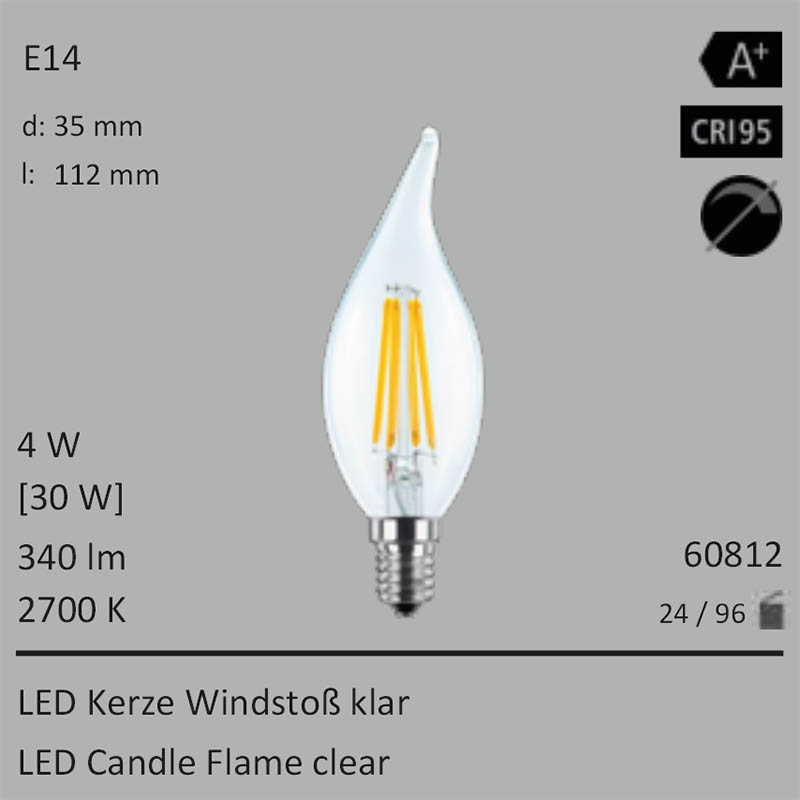  4W=30W LED Kerze Windstoss klar E14 340Lm 360 Ra>95 2700K 