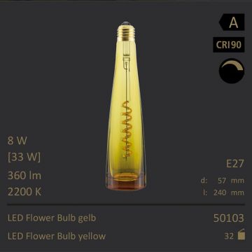  50103 - 8W=33W Segula LED Flower Bulb gelb Curved E27 360Lm CRI90 2200K dimmbar  32.65GBP - 34.38GBP  