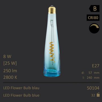  50104 - 8W=25W Segula LED Flower Bulb Blau Curved E27 250Lm CRI90 2800K dimmbar  40.72USD - 42.87USD  