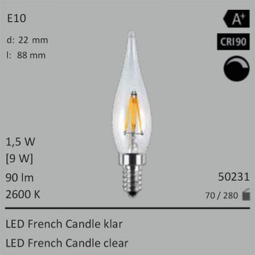  50231 - 1,5W=9W LED French Candle klar E10 90Lm 360 Ra>90 2600K dimmbar  14.50USD - 16.11USD  