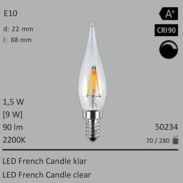  50234 - 1,5W=9W LED French Candle klar E10 90Lm 360 Ra>90 2200K dimmbar  14.50USD - 16.11USD  