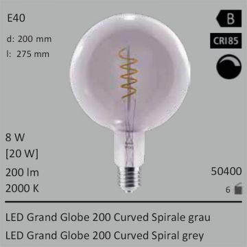  50400 - 8W=20W Segula LED Grand Globe 200 Curved Spirale grau E40 200Lm CRI90 2000K dimmbar  58.15USD - 64.62USD  