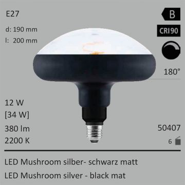  50407 - 12W=34W Segula LED Mushroom schwarz matt E27 380Lm 180 CRI90 2200K dimmbar  67.56USD - 75.07USD  