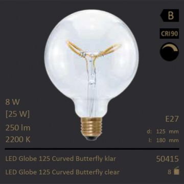  50415 - 8W=25W Segula LED Globe 125 Curved Butterfly klar E27 250Lm CRI90 2200K dimmbar  27.47USD - 28.92USD  