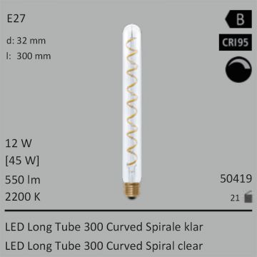  50419 - 12W=45W Segula LED Long Tube 300 Curved Spirale klar E27 550Lm CRI95 2200K dimmbar  5279.51JPY - 5868.74JPY  