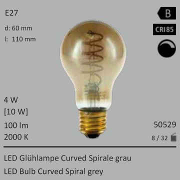  50529 - 4W=10W LED Glhlampe Curved Spirale grau E27 100Lm 2000K dimmbar  22.16USD - 24.64USD  