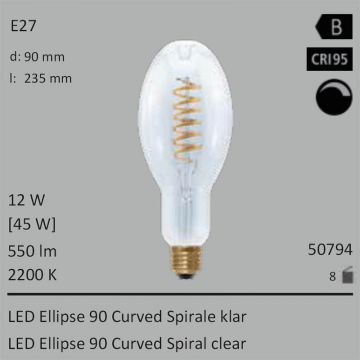  50794 - 12W=45W Segula LED Ellipse 90 Curved Spirale klar E27 550Lm CRI95 2200K dimmbar  50.92USD - 53.62USD  