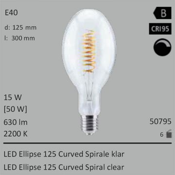  50795 - 15W=50W Segula LED Ellipse 125 Curved Spirale klar E40 630Lm CRI95 2200K dimmbar  66.21USD - 69.72USD  