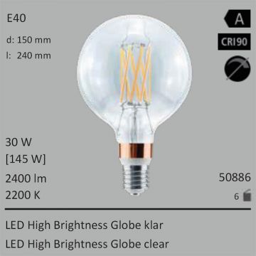  50886 - 30W=145W Segula LED High Brightness Globe 150 klar E40 2400Lm 360 Ra>90 2200K  11285.73JPY - 12540.63JPY  