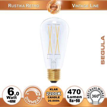  50298 - 6W=40W LED Rustika Long Style klar dimmbar klar E27 470Lm 360 Ra>90 2200K candlelight  3013.27JPY - 3350.69JPY  
