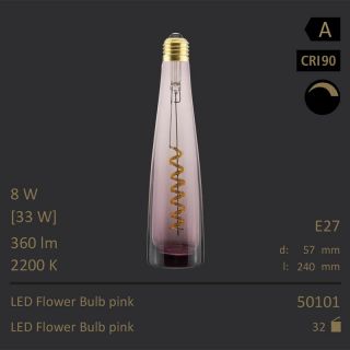  8W=33W Segula LED Flower Bulb pink Curved E27 360Lm CRI90 2200K dimmbar 