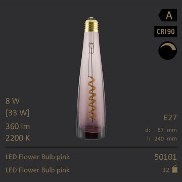  50101 - 8W=33W Segula LED Flower Bulb pink Curved E27 360Lm CRI90 2200K dimmbar  6326.87JPY - 6662.06JPY  