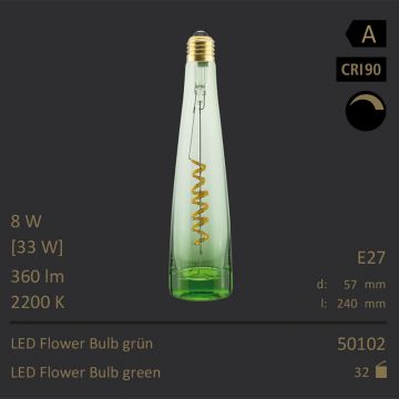  50102 - 8W=33W Segula LED Flower Bulb grn Curved E27 360Lm CRI90 2200K dimmbar  40.54USD - 42.69USD  