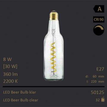  50125 - 8W=30W Segula LED Beer Bulb klar Curved E27 360Lm CRI90 2200K dimmbar  29.35GBP - 30.90GBP  