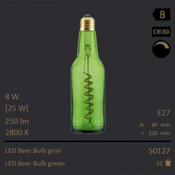  50127 - 8W=25W Segula LED Beer Bulb grn Curved E27 250Lm CRI80 2800K dimmbar  36.92USD - 38.87USD  