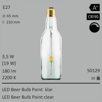  50129 - 3,5W=19W Segula LED Beer Bulb Point klar E27 180Lm CRI90 2200K dimmbar  3866.06JPY - 4298.20JPY  