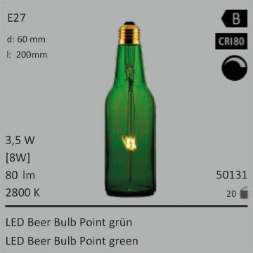  50131 - 3,5W=8W Segula LED Beer Bulb Point grn E27 80Lm CRI80 2800K dimmbar  3816.56JPY - 4243.16JPY  