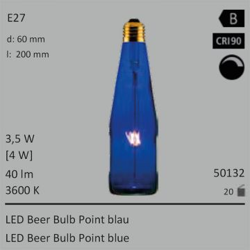  50132 - 3,5W=4W Segula LED Beer Bulb Point blau E27 40Lm CRI90 3600K dimmbar  23,35EUR - 25,96EUR  