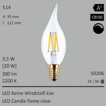  50206 - 3,5W=20W LED Kerze Windstoss klar E14 200Lm 360 Ra>90 2200K dimmbar  1942.75JPY - 2159.54JPY  
