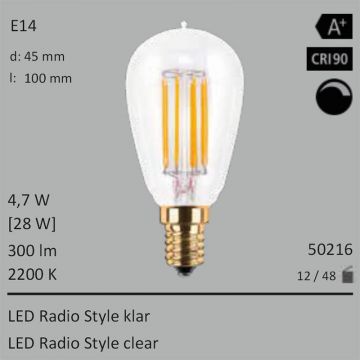  50216 - 4,7W=28W LED Radio Style klar E14 300Lm 360 Ra>90 2200K dimmbar  18.22USD - 20.25USD  