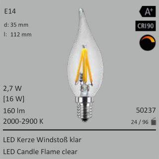  2,7W=16W LED Windstoss Kerze klar E14 160Lm 360 Ra>90 2000-2900K ambient dimmbar 
