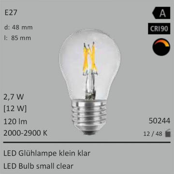  50244 - 2,7W=12W LED Glhbirne klein klar E27 120Lm 360 Ra>90 2000-2900K ambient dimmbar  12.29GBP - 13.66GBP  