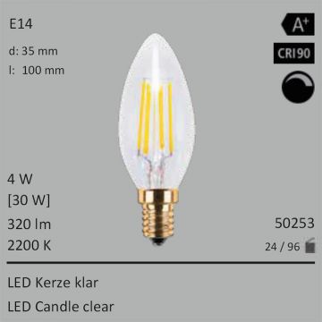  50253 - 4W=30W LED Glas Glhfadenkerze dimmbar klar E14 320Lm 360 Ra>90 2200K  11.52GBP - 12.80GBP  