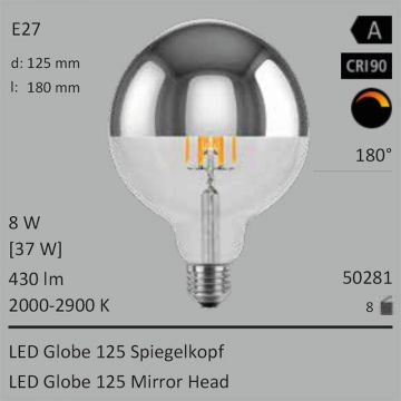  50281 - 8W=40W LED Globe 125 Spiegelkopf silber E27 430Lm 360 Ra>90 2000-2900K ambient dimmbar  25.40GBP - 28.23GBP  