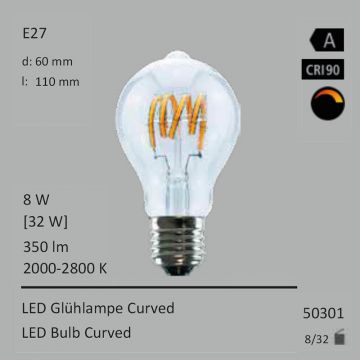  50301 - 8W=32W LED Glhbirne Curved klar E27 350Lm 360 Ra>90 2000K-2800K Ambient Dimming  31.78USD - 35.32USD  