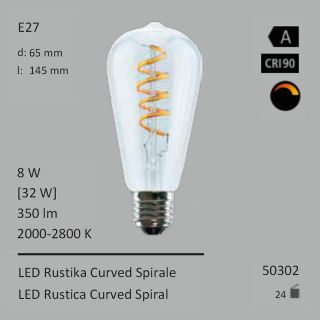  8W=32W LED Rustika Curved Spirale klar E27 350Lm 360 Ra>90 2000-2800K Ambient Dimming 